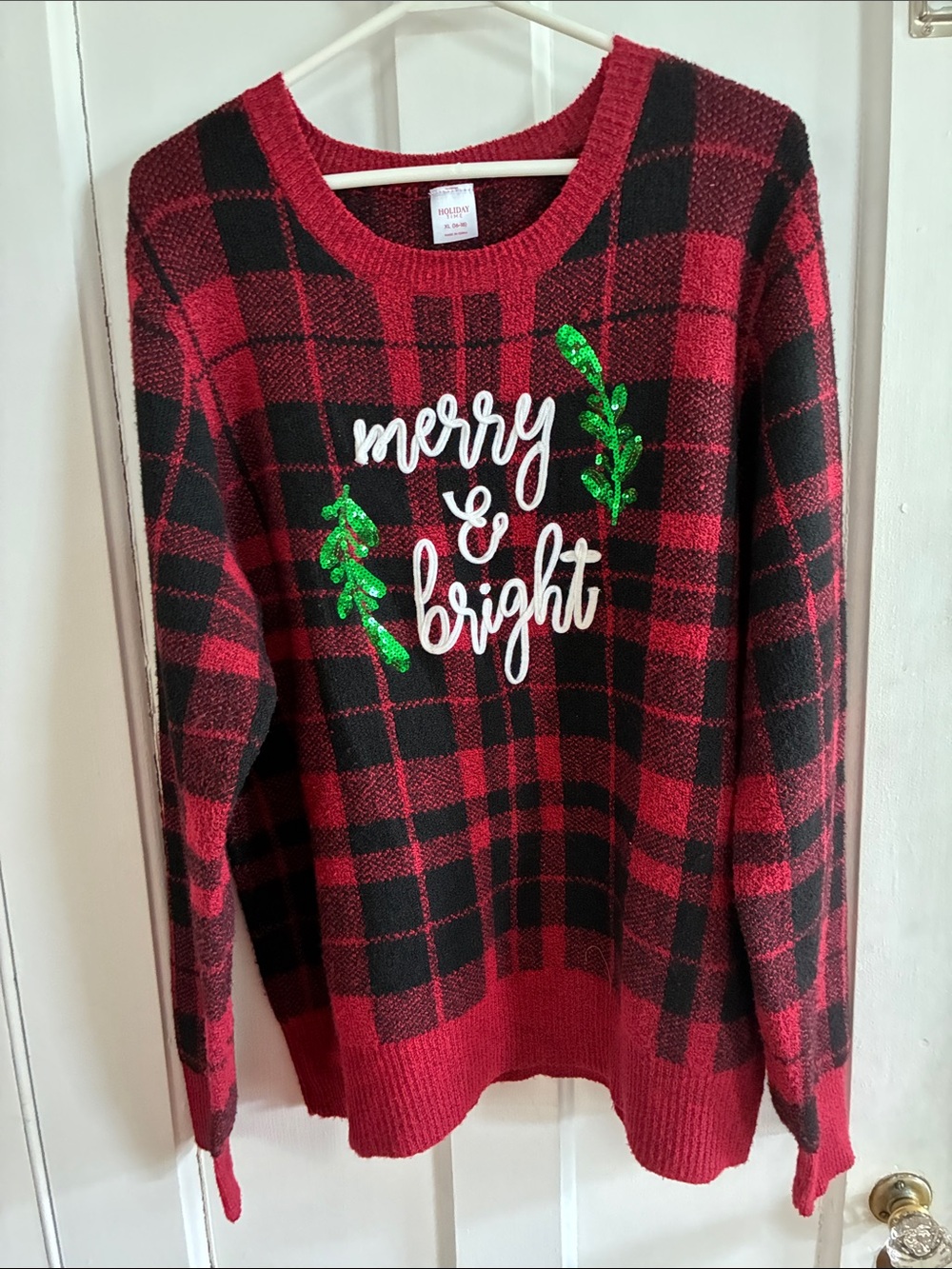 Holiday Time Red & Black Plaid 'Merry & Bright' Sequin Sweater